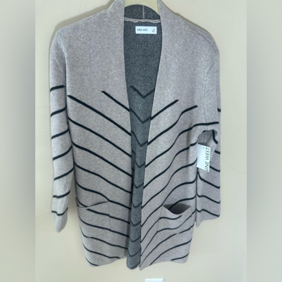 NWT Nine West Women's Clean Collar Coatigan Sweater tan black stripe  Size XS - Picture 1 of 7